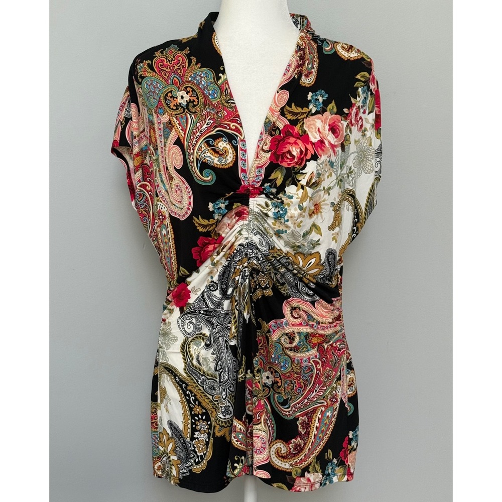Cache Vintage Y2K Paisley Ruched V-Neck Short Sleeve Blouse Size XL Boho Chic